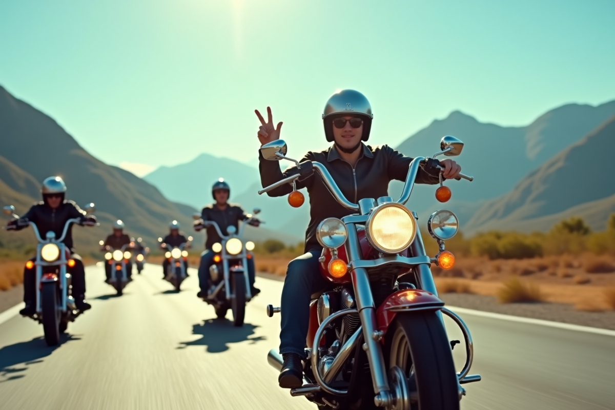 Groupe de motards en route avec signe V soleil