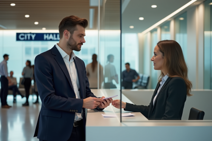 Jeune homme en blazer au guichet municipal