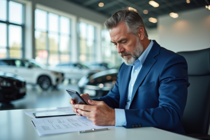 Homme d'affaires en costume bleu dans un showroom automobile