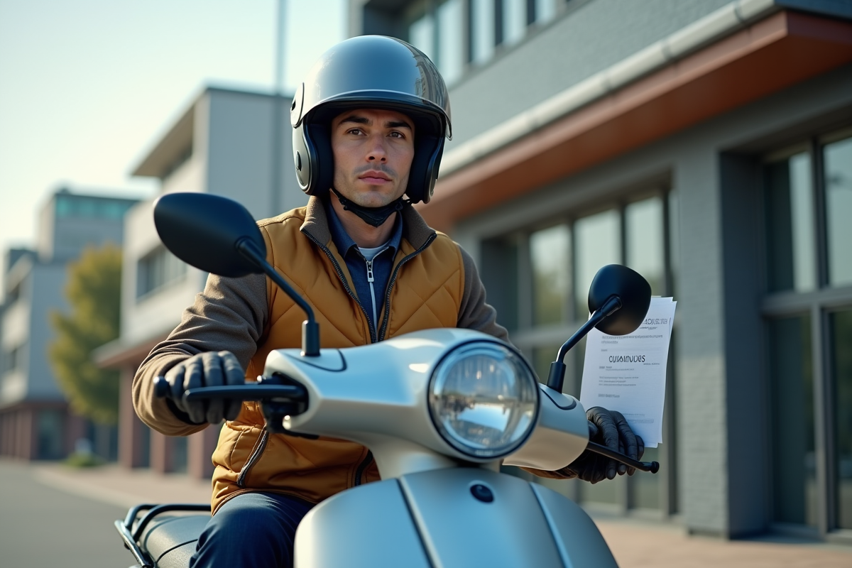 Homme en casque sur scooter dehors avec documents en main