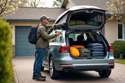 Homme chargé un coffre de toit sur une voiture en extérieur