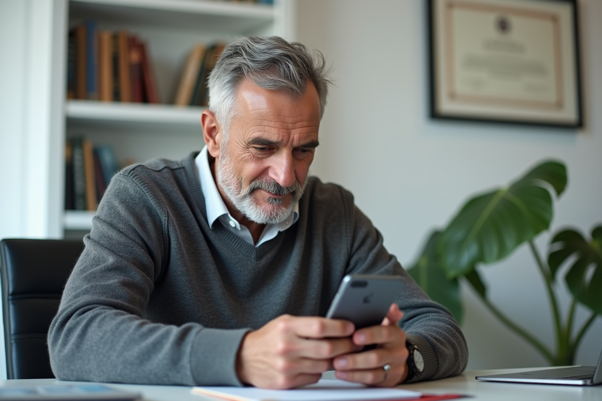 Homme vérifiant ses points sur un smartphone au bureau