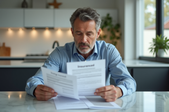Homme d'âge moyen examinant des documents d'assurance