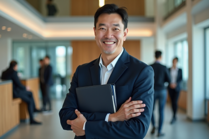 Homme d'âge moyen souriant avec dossier dans un bureau moderne