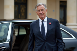 Homme en costume navy sortant d'une voiture présidentielle devant l'elysee