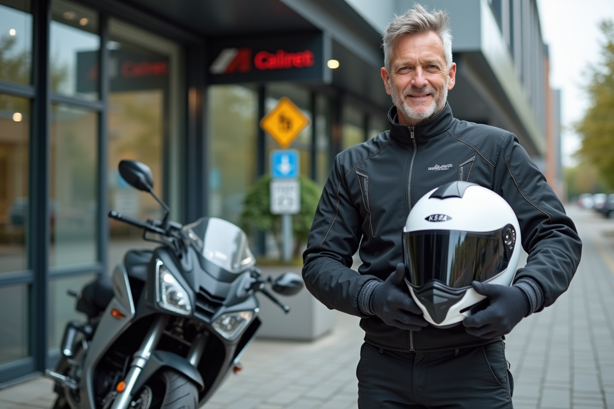 Homme en équipement moto près de sa moto à l