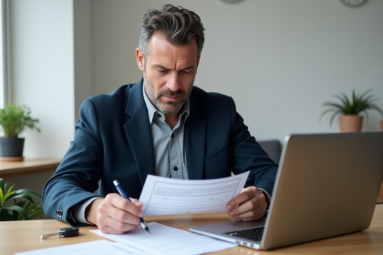 Homme concentré remplissant une déclaration de vente de voiture