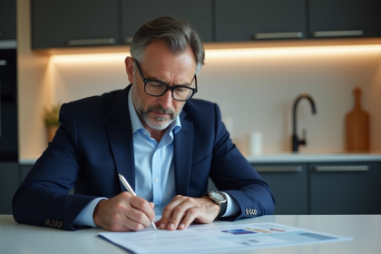 Homme en costume remplissant des documents d'assurance à la maison