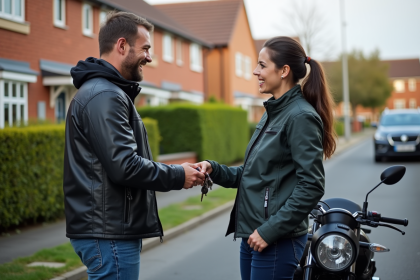 Homme donnant des clés à une femme devant une moto moderne