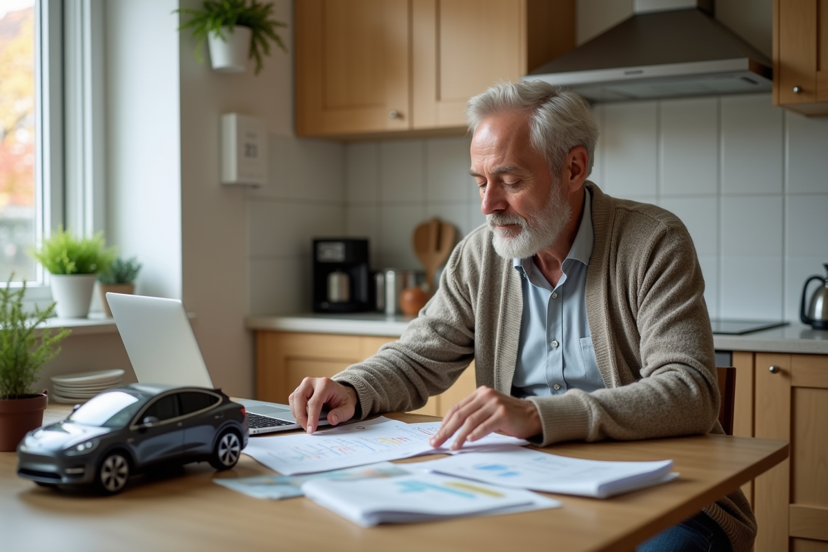 Homme âgé examinant factures et modèle électrique