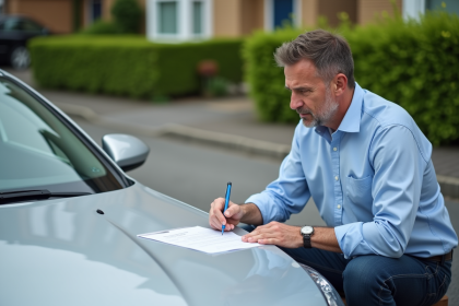 Homme signant un contrat de vente automobile en extérieur