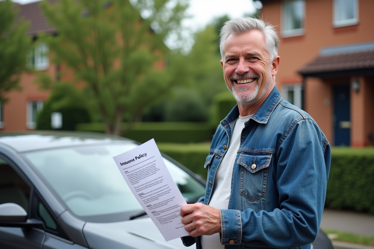 Homme souriant avec son assurance devant sa voiture