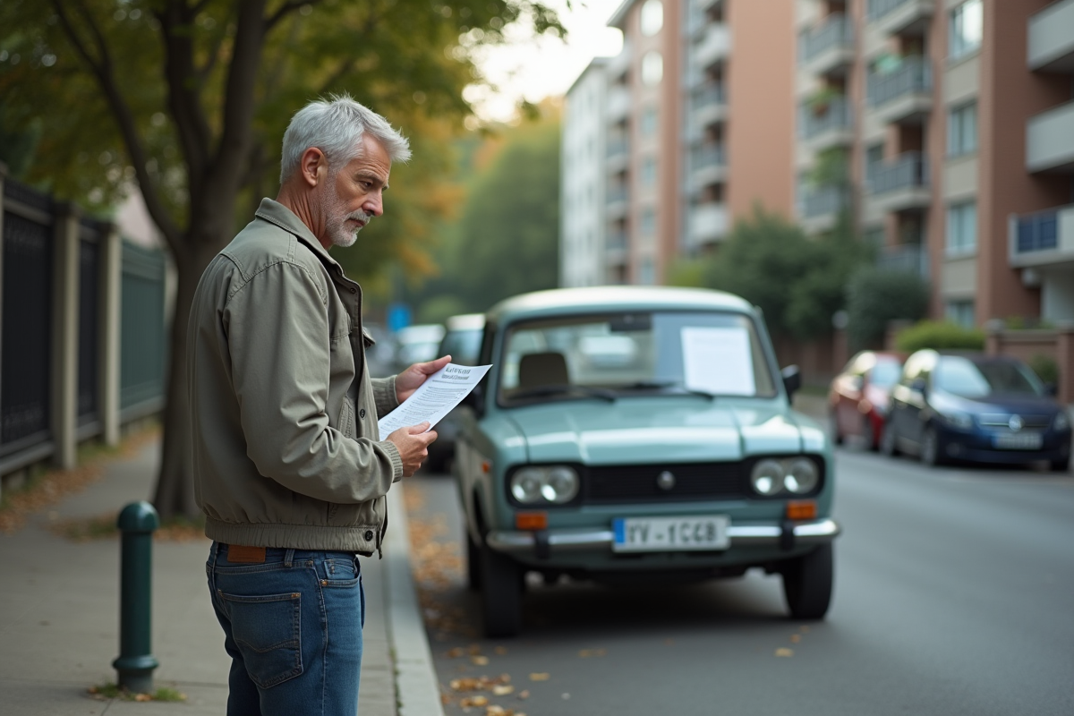 Homme regardant une notice sur une vieille voiture diesel