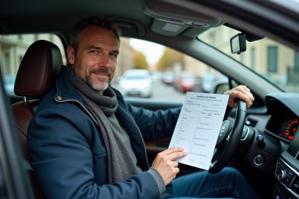 Homme français tenant un certificat de cession dans la voiture