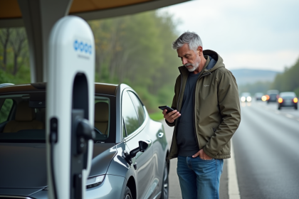 Homme d'âge moyen vérifiant son smartphone près d'une voiture électrique en recharge