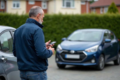 Homme d'âge moyen avec veste bleue près d'une voiture moderne