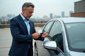 Homme en costume regardant une clé de voiture dans un parking urbain