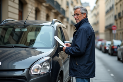 Homme d'âge moyen près d'une voiture diesel en ville