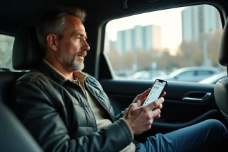 Homme d'âge moyen dans une voiture VTC regardant son smartphone