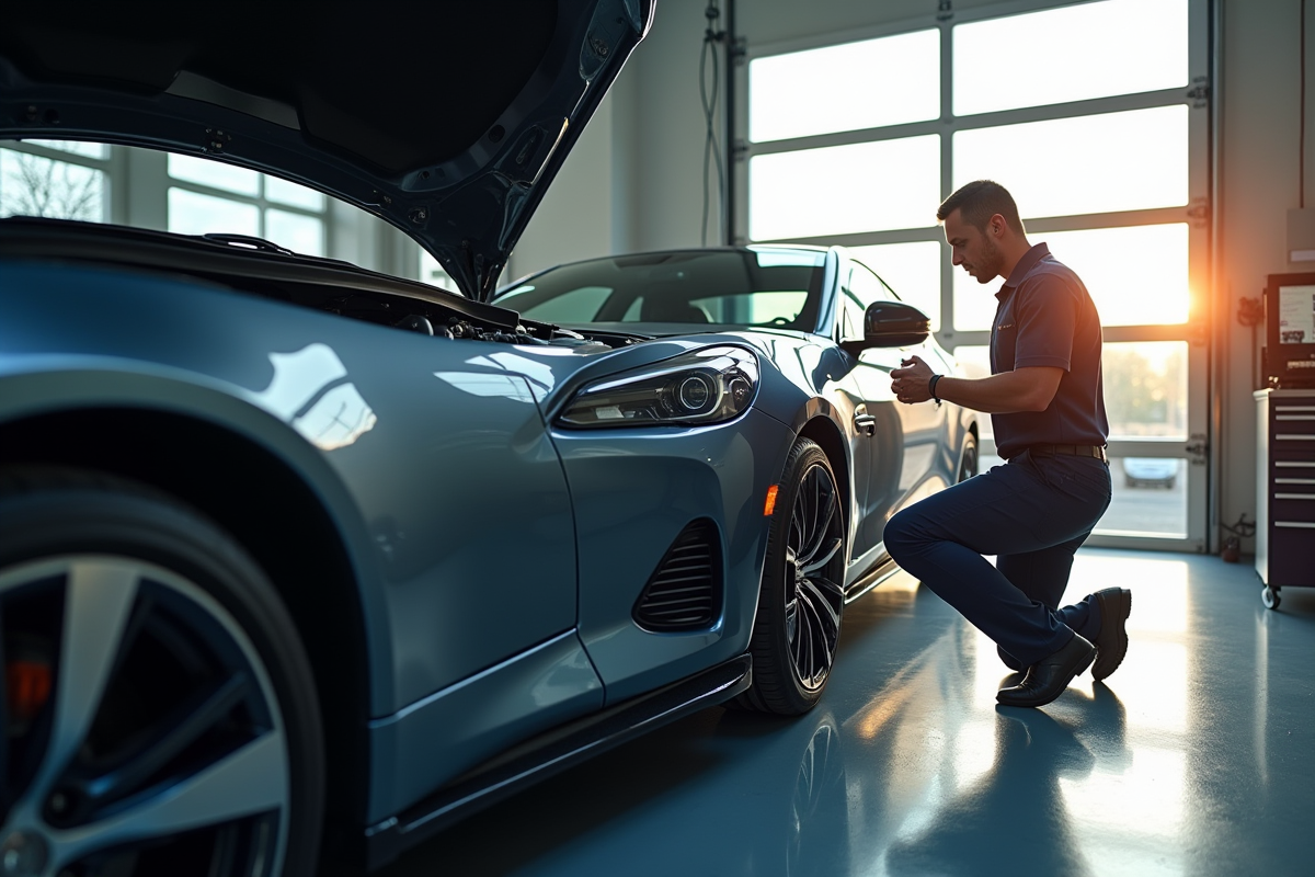 Voiture en inspection dans un garage moderne avec mécanicien