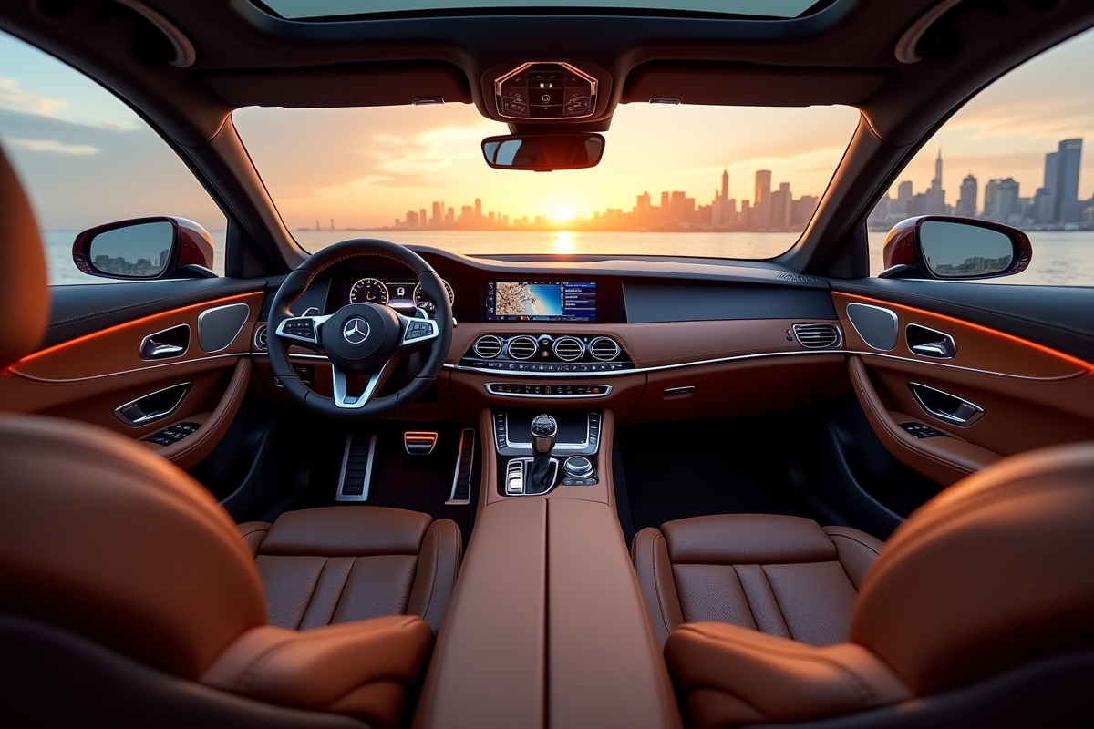 Intérieur de voiture de luxe avec vue panoramique sur la ville