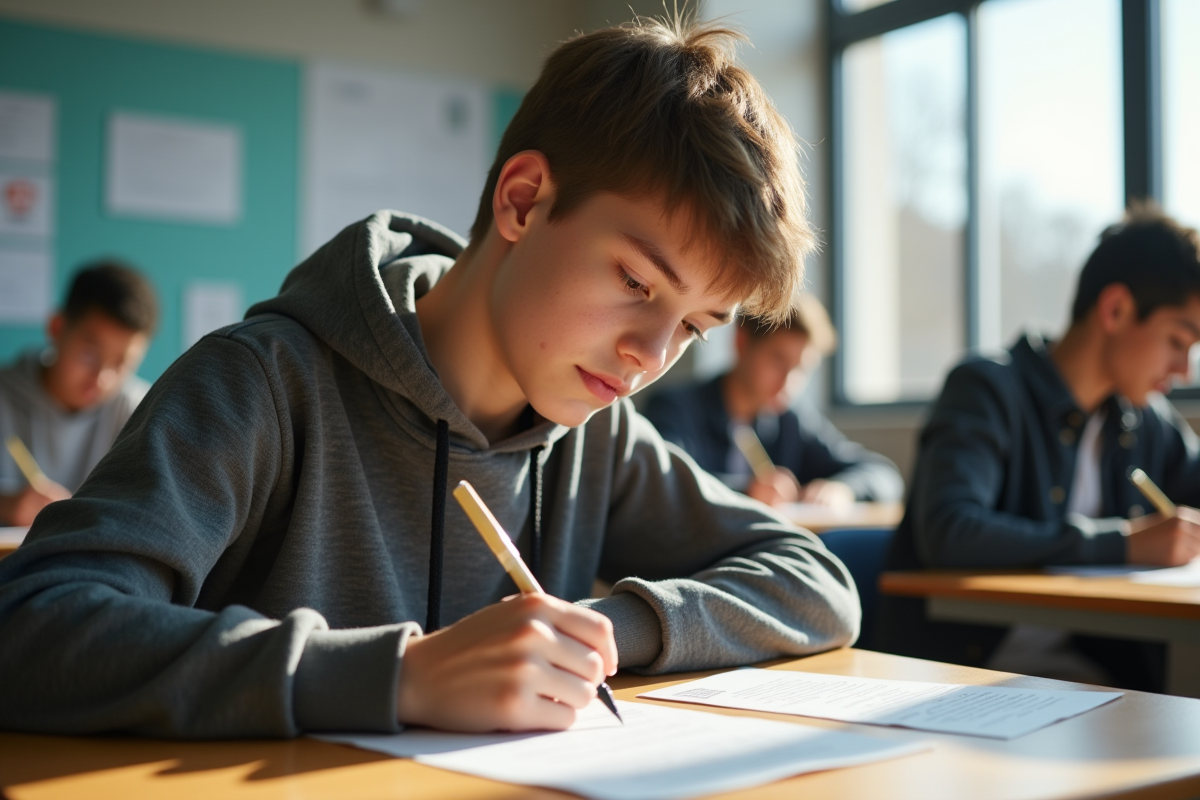 Jeune adulte passant un examen permis scooter dans une salle lumineuse