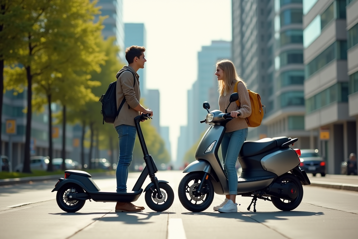 Jeune urbain compare scooter électrique et essence en ville