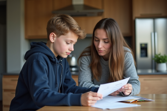 Adolescent avec sa mère examinant des documents de conduite