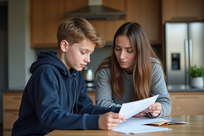 Adolescent avec sa mère examinant des documents de conduite