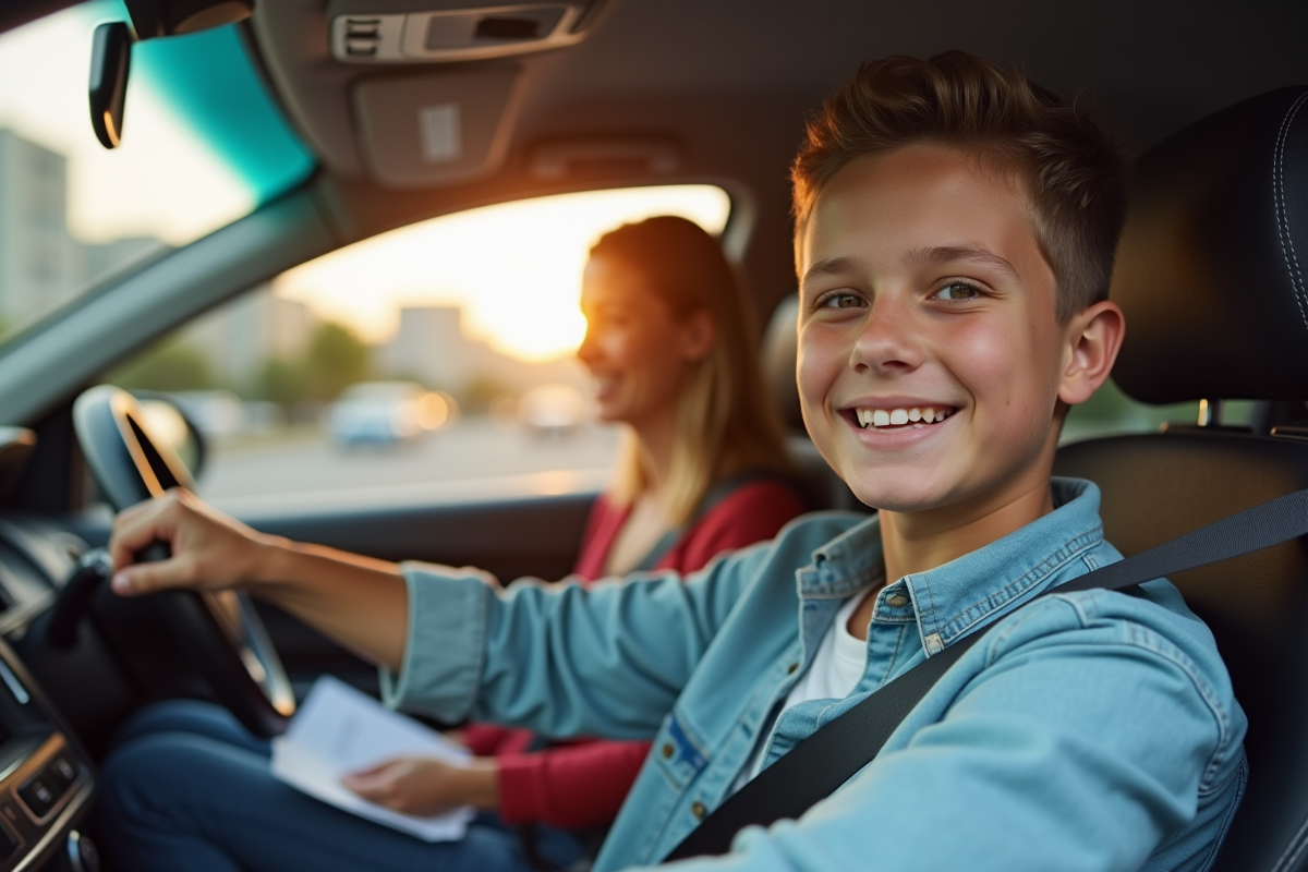 Adolescent souriant avec permis de conduire dans une voiture moderne