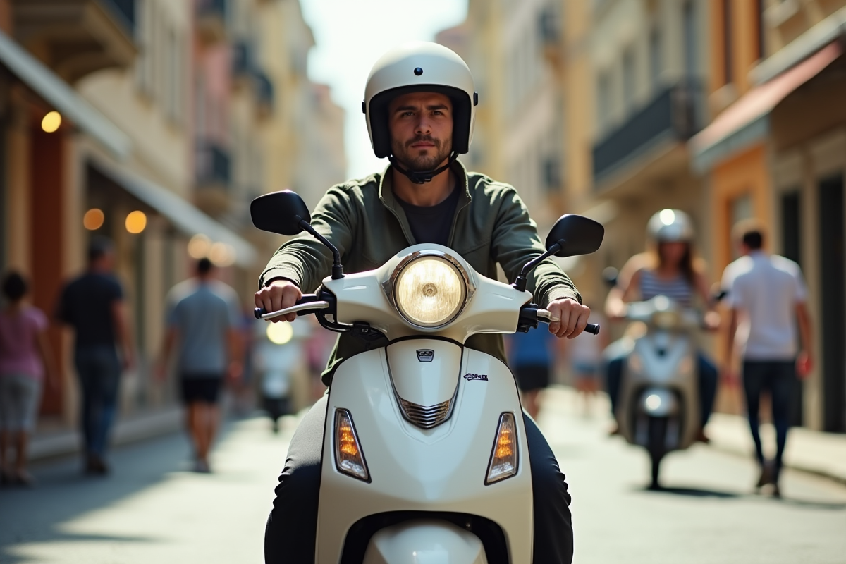 Jeune adulte roulant en scooter dans une ville ensoleillee