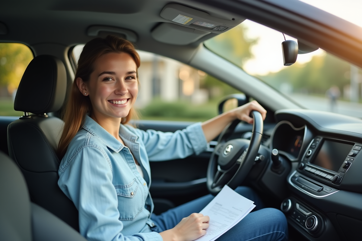 Jeune conducteur souriant dans une voiture moderne avec clés et documents d'assurance