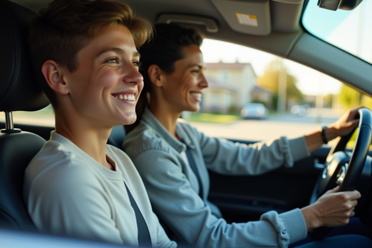 Adolescent souriant au volant d'une voiture moderne avec parent supervisant