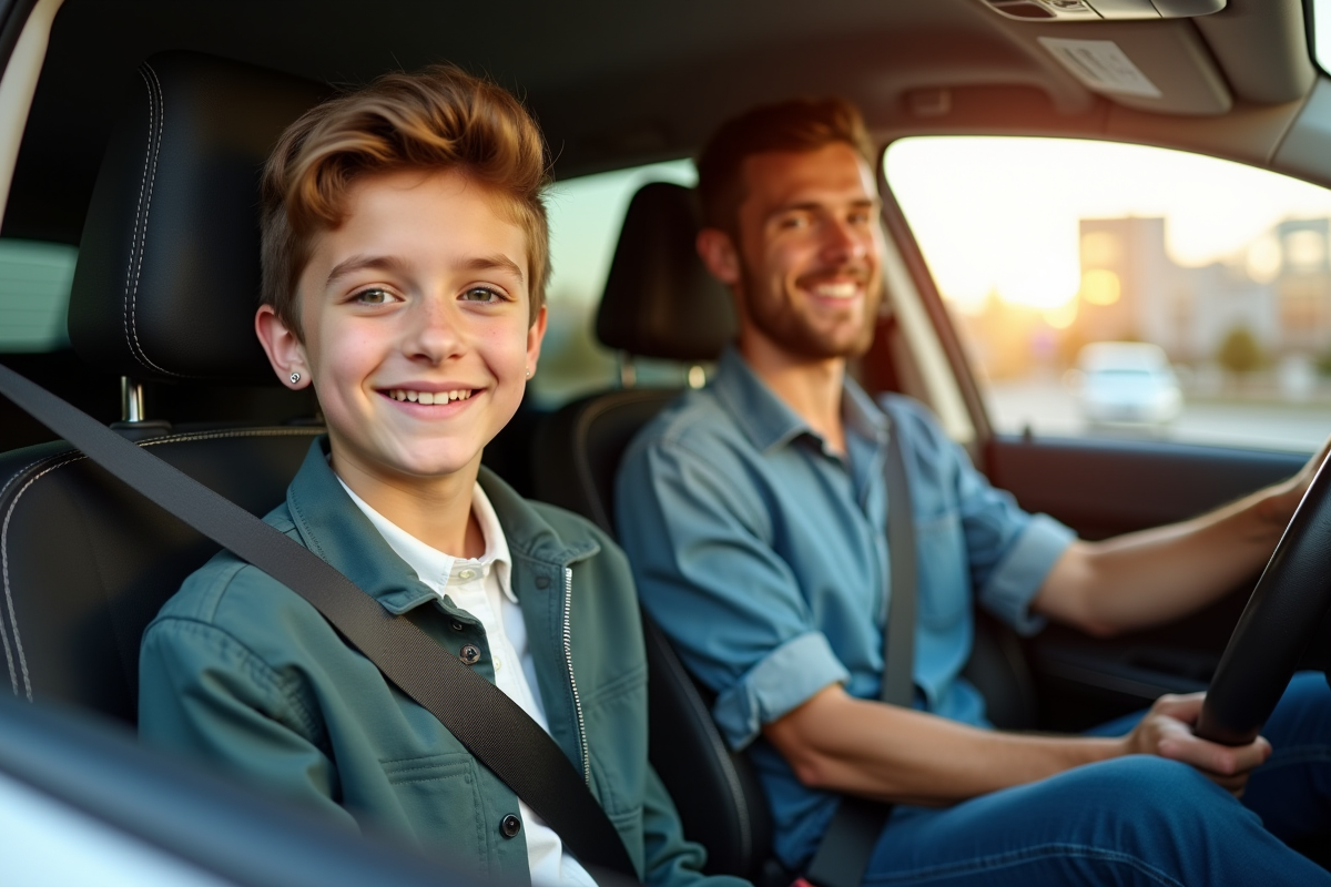Jeune conducteur confiant avec instructeur dans une voiture moderne