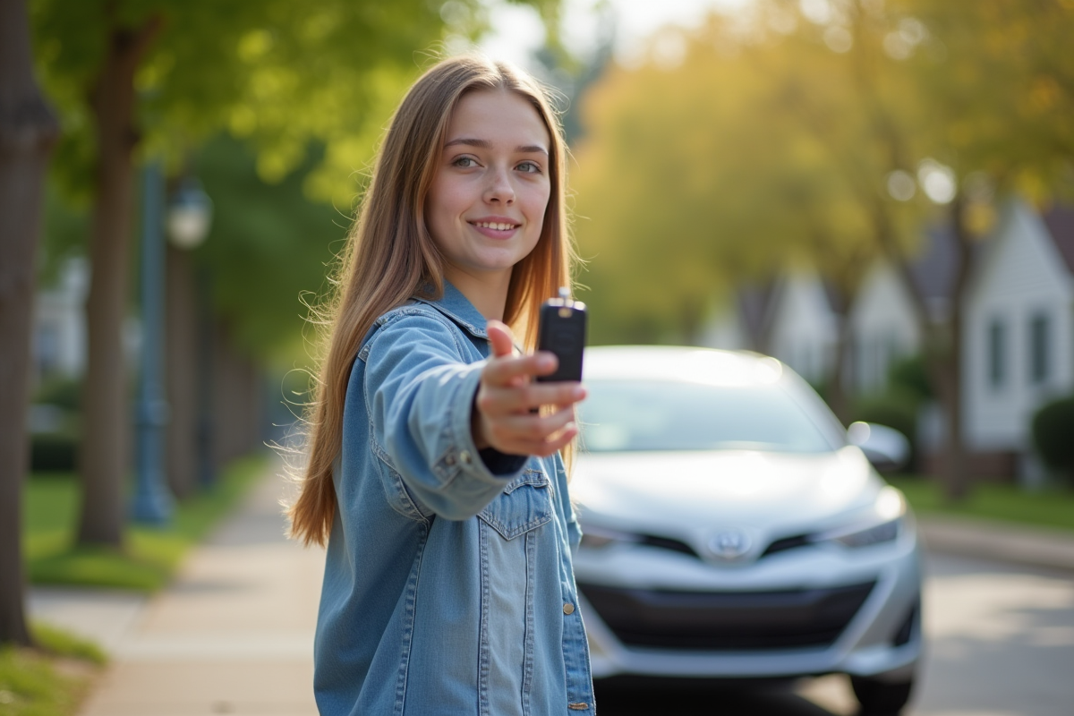 Jeune femme de 17 ans tenant des clés de voiture devant une petite voiture