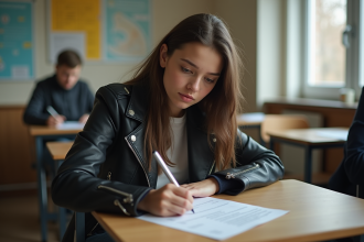 Jeune femme concentrée à son examen de conduite en classe