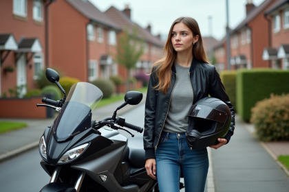 Jeune femme avec casque et moto 125cc en ville