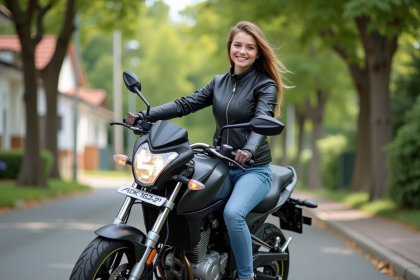 Jeune femme souriante sur une moto en ville