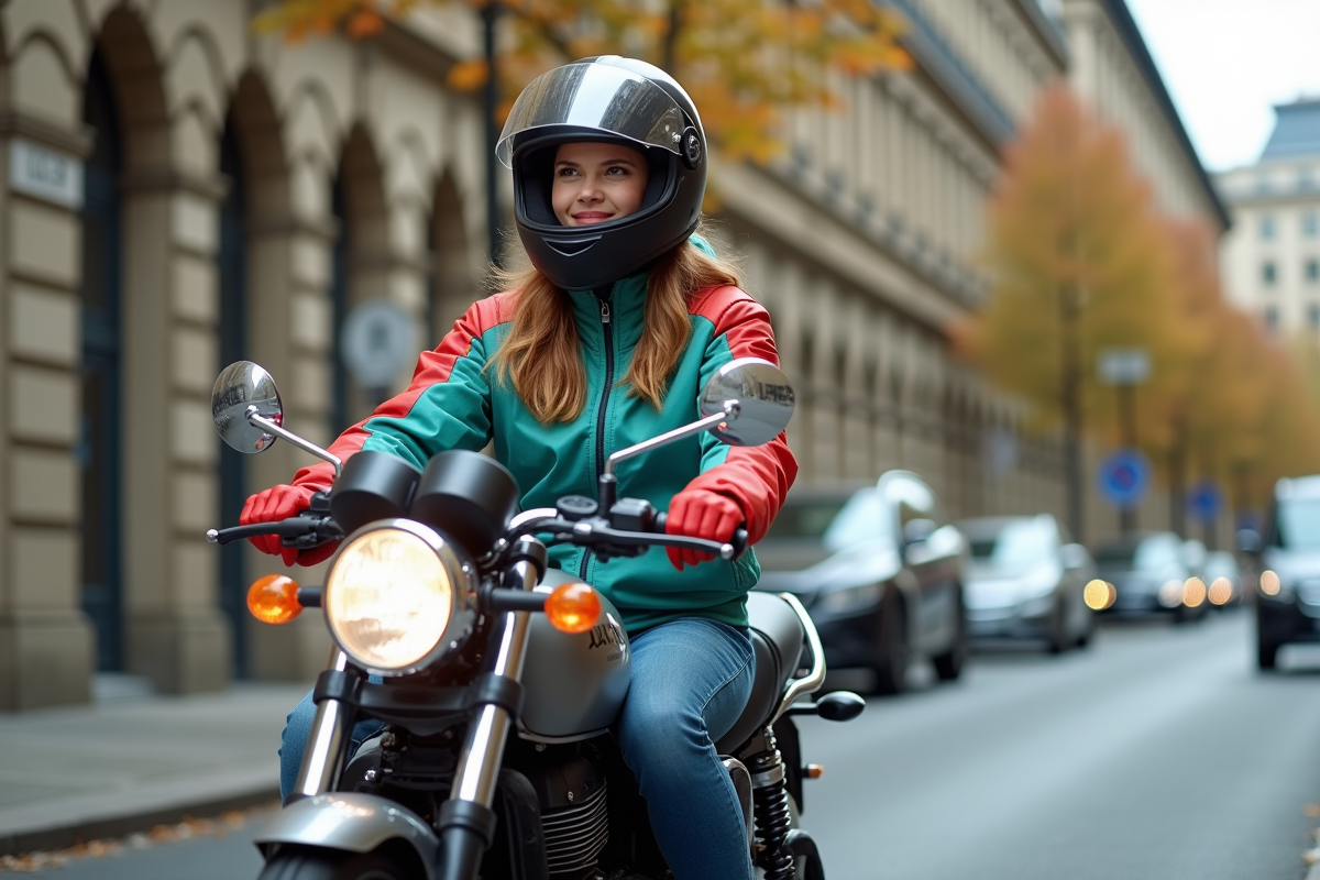 Jeune femme en moto en ville avec posture idéale