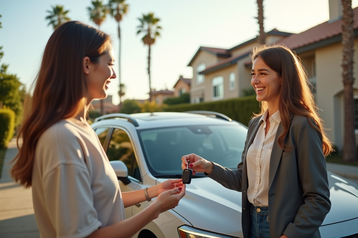 Jeune femme souriante recevant des clés de voiture en Californie