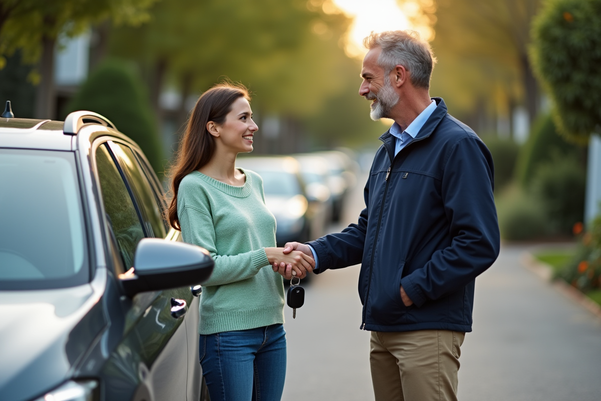 Jeune femme donne les clés de la voiture à son partenaire dans la rue
