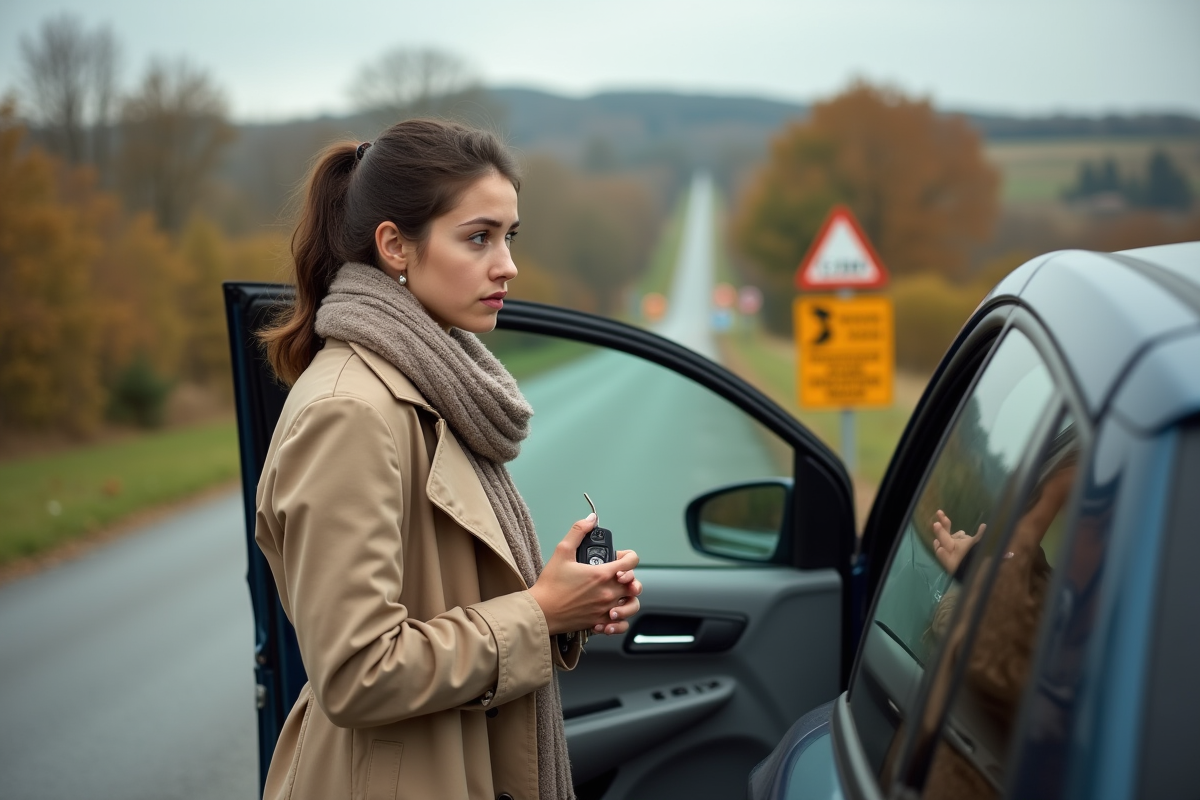 Jeune femme regardant un panneau de restriction diesel à la campagne