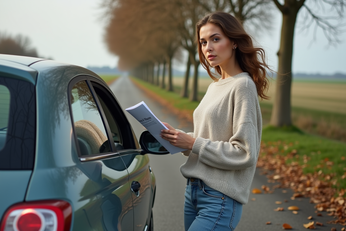 Jeune femme regardant le levier de vitesse à côté d