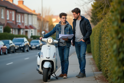 Jeune garçon et son père examinent un scooter sur le trottoir
