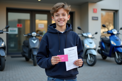Adolescent souriant avec permis moto rose devant école