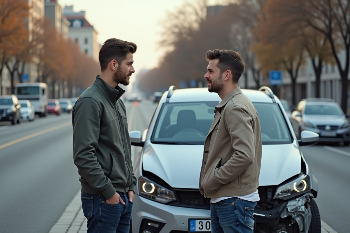 Jeune homme rassuré avec agent d assurance à côté de sa voiture