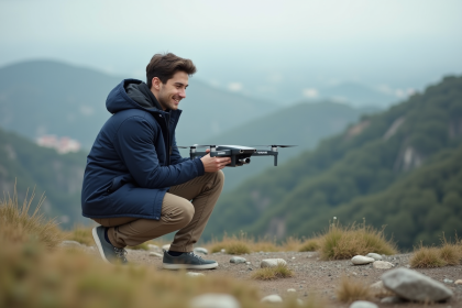 Jeune homme en windbreaker prépare un drone en montagne