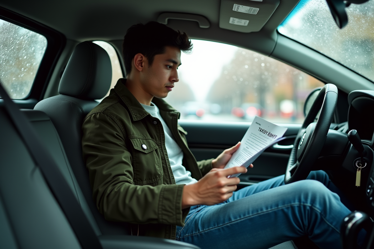 Jeune homme lisant guide taxi dans la voiture