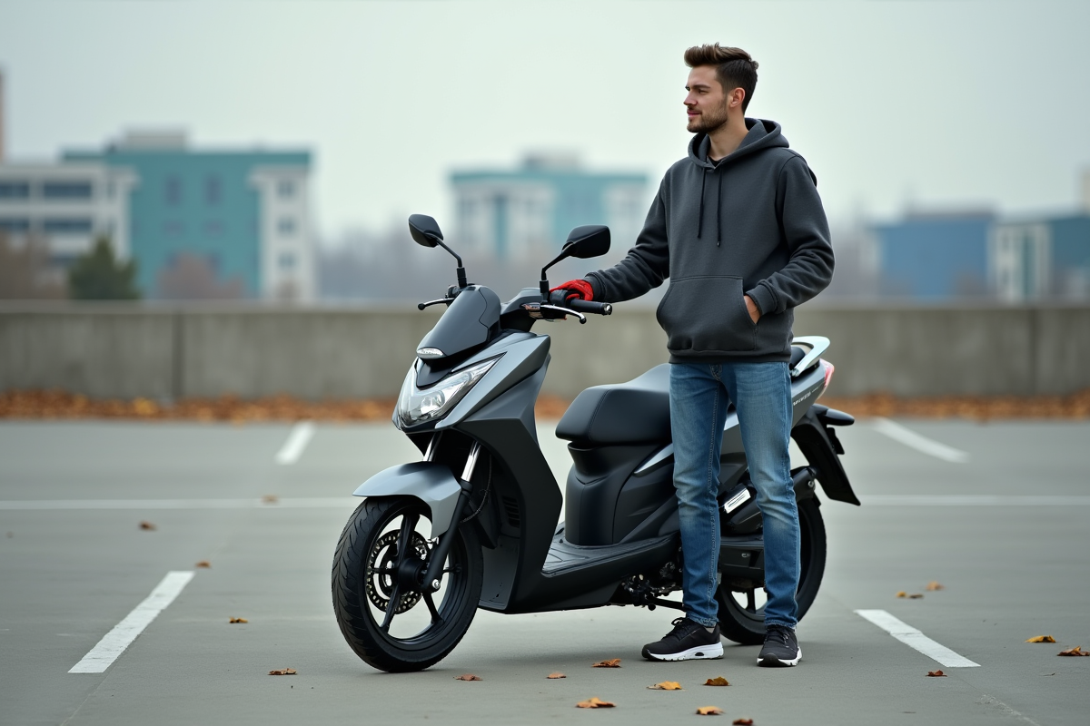 Jeune homme regardant une moto en parking