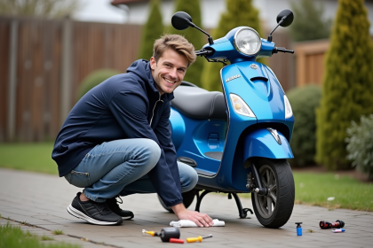 Jeune homme nettoyant un scooter 50cc en extérieur